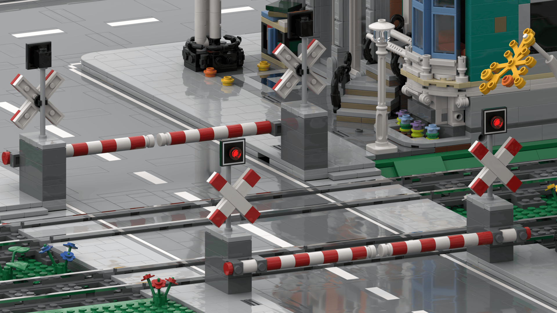 Automated level crossing for LEGO trains with boom barriers, St. Andrew’s Cross (Andreaskreuz) and top lights