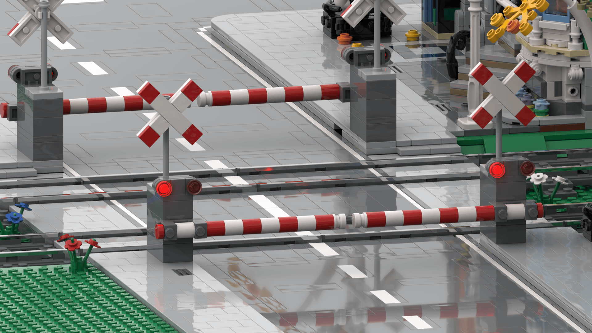 Automated level crossing for LEGO trains with boom barriers, St. Andrew’s Cross (Andreaskreuz) and lights